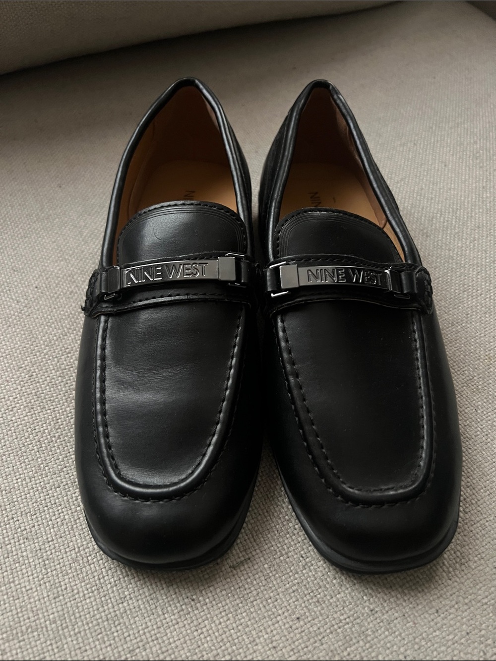 Nine West Black Leather Metal-Logo Slip-On Loafers